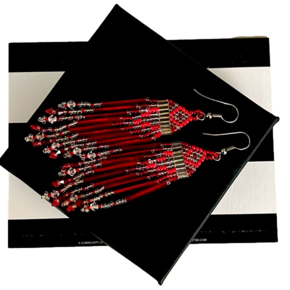 Aztec Style Artisan Beaded Earrings Southwest Long Fringe Tassel Dangle Drops - Picture 2 of 4